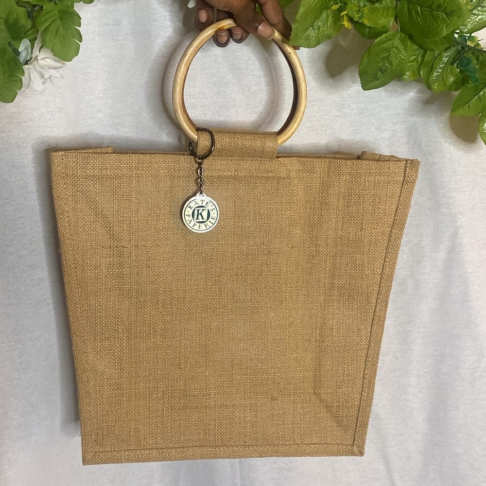 Kate’s Paperie burlap tote bag with wooden handles